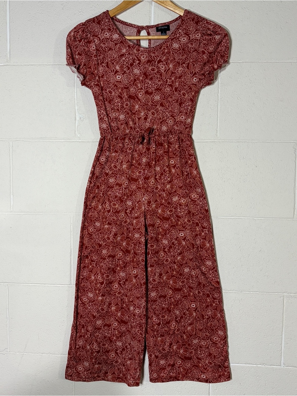 Picapino Rust Red Floral Jersey Jumpsuit Girl’s Size 8 Short Sleeve Wide Leg
